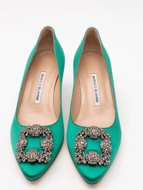 Manolo Blahnik Emerald Satin Hangisi Crystal-Embellished Pumps
